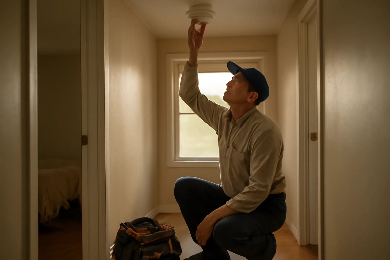 Landlord testing a smoke detector while preparing for a rental inspection