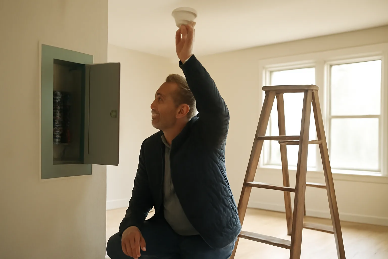 Landlord testing a smoke detector while preparing a rental unit for inspection