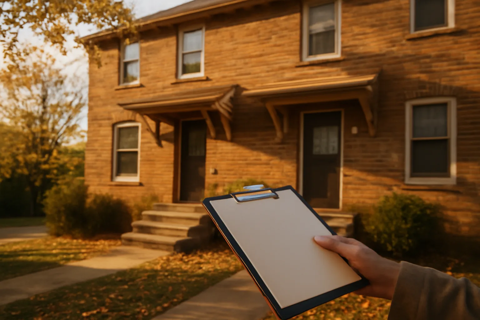 Landlord standing outside a small rental duplex during a walkthrough inspection