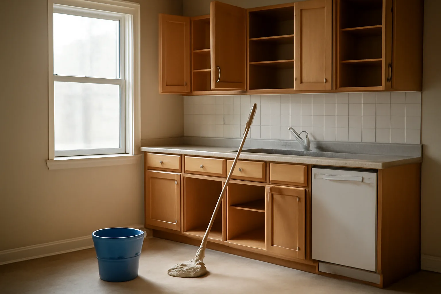 Empty rental unit kitchen being cleaned between tenants with mop and bucket