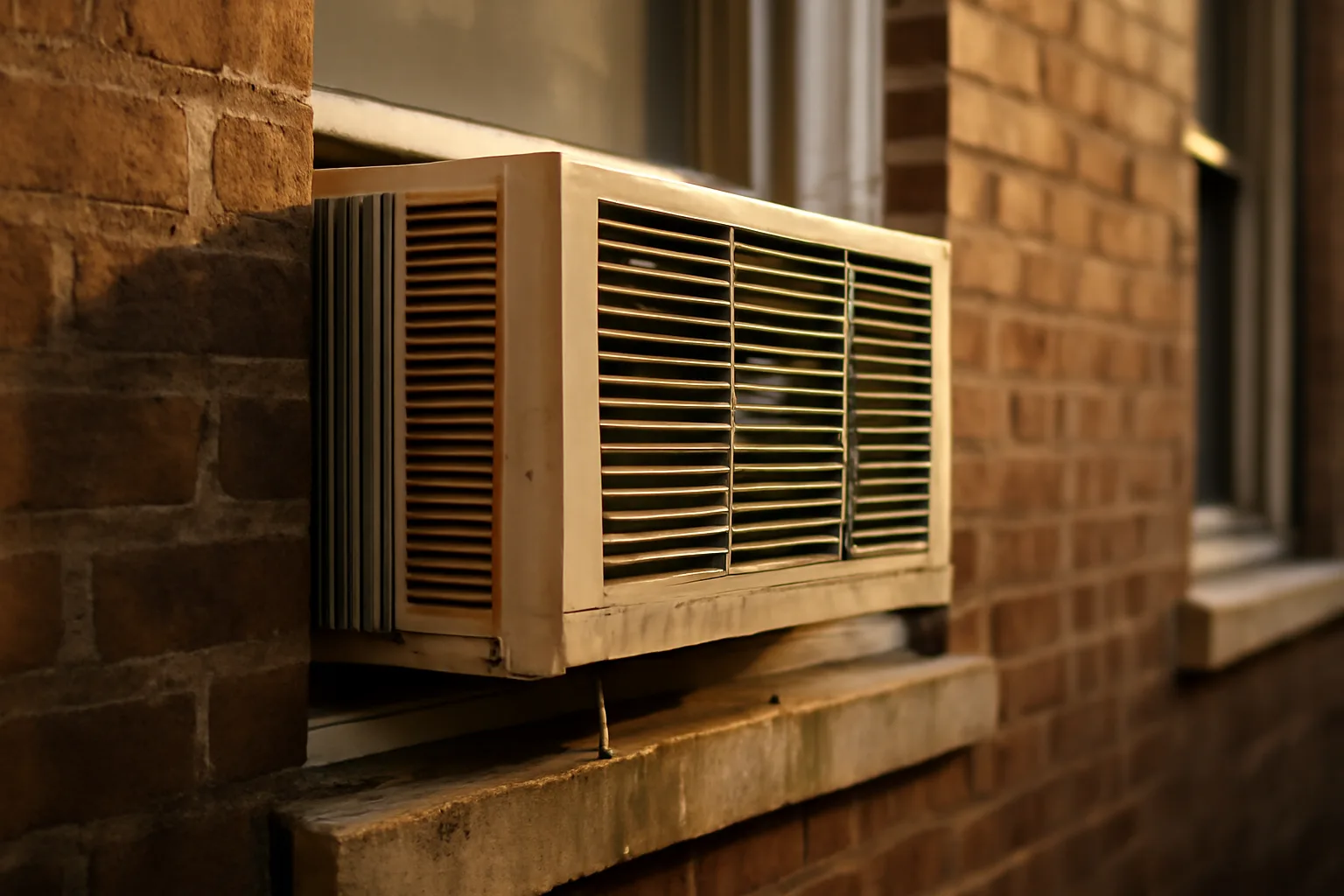 Window air conditioning unit installed in an apartment building during summer heat