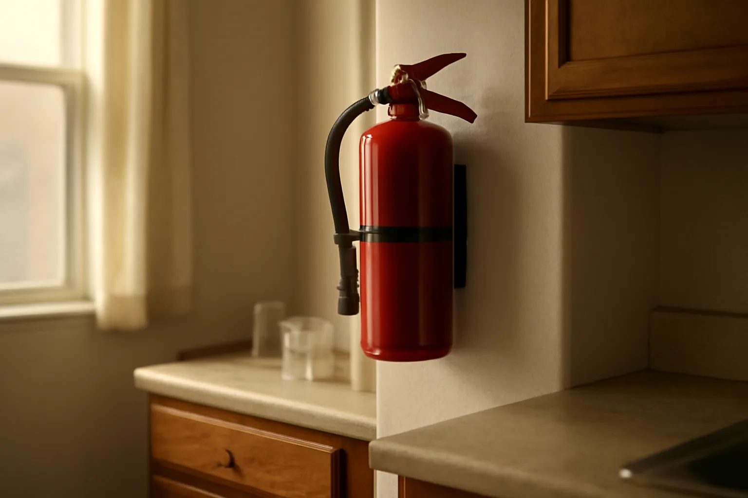 Wall-mounted fire extinguisher in a rental apartment kitchen near the stove