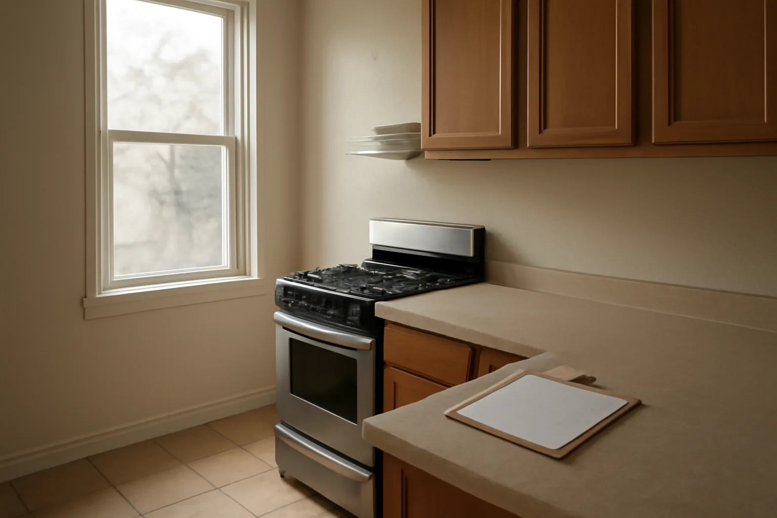 Empty rental kitchen with a stove during a landlord inspection walkthrough