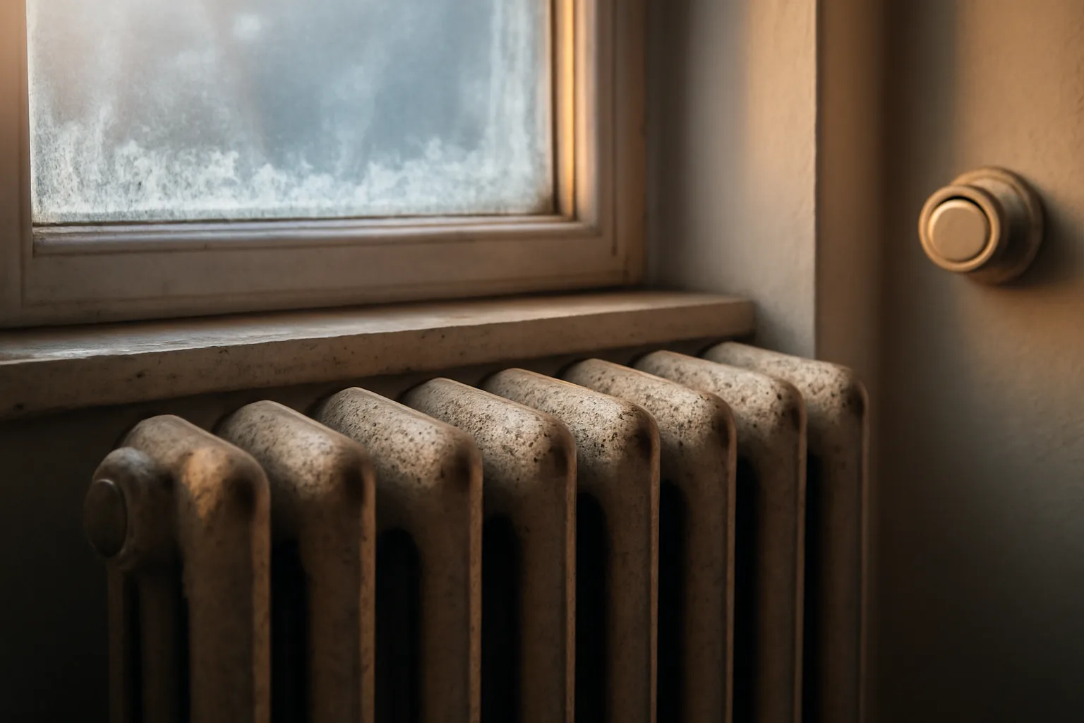 Cast iron radiator by a frosted window illustrating a landlord's duty to provide heat