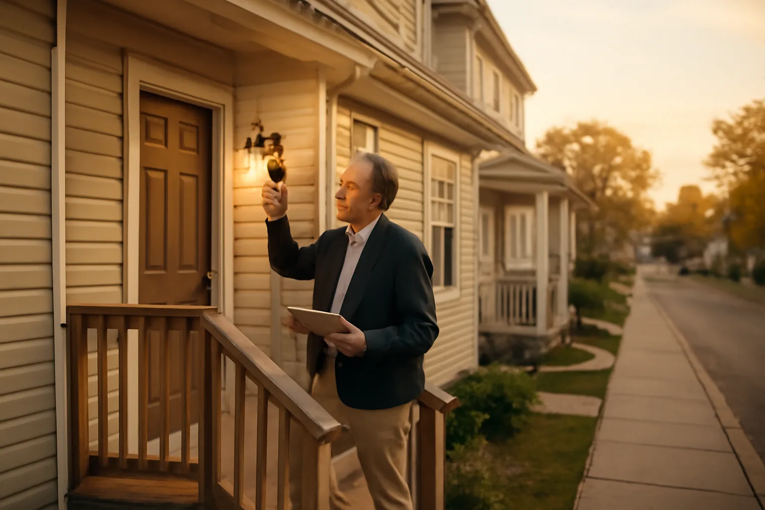 Landlord inspecting a porch light on a small rental duplex at dusk