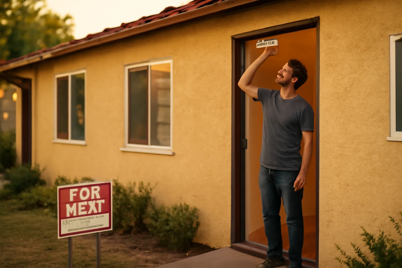 Landlord checking a smoke detector inside a California rental duplex at sunset