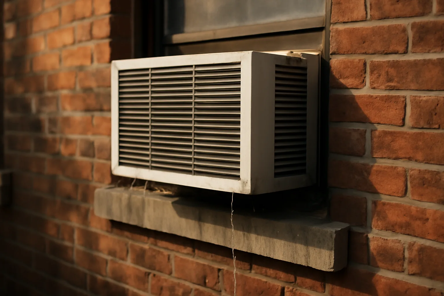 Window air conditioning unit installed in a brick apartment building facade