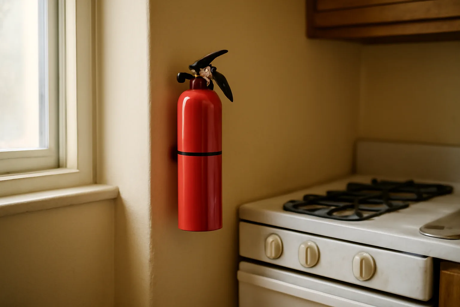 Fire extinguisher mounted on a kitchen wall in a California rental unit