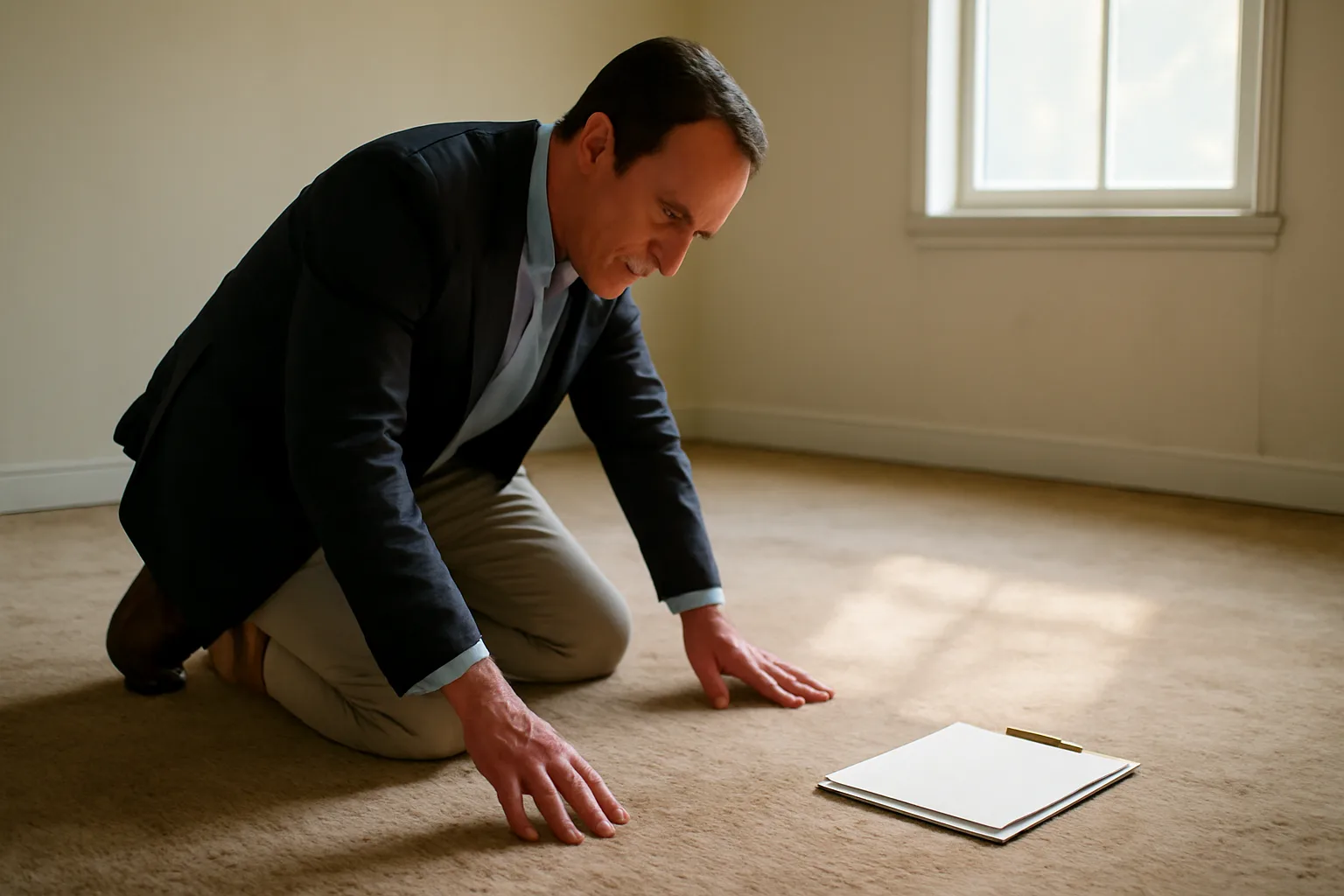 Landlord inspecting worn carpet condition in an empty rental unit