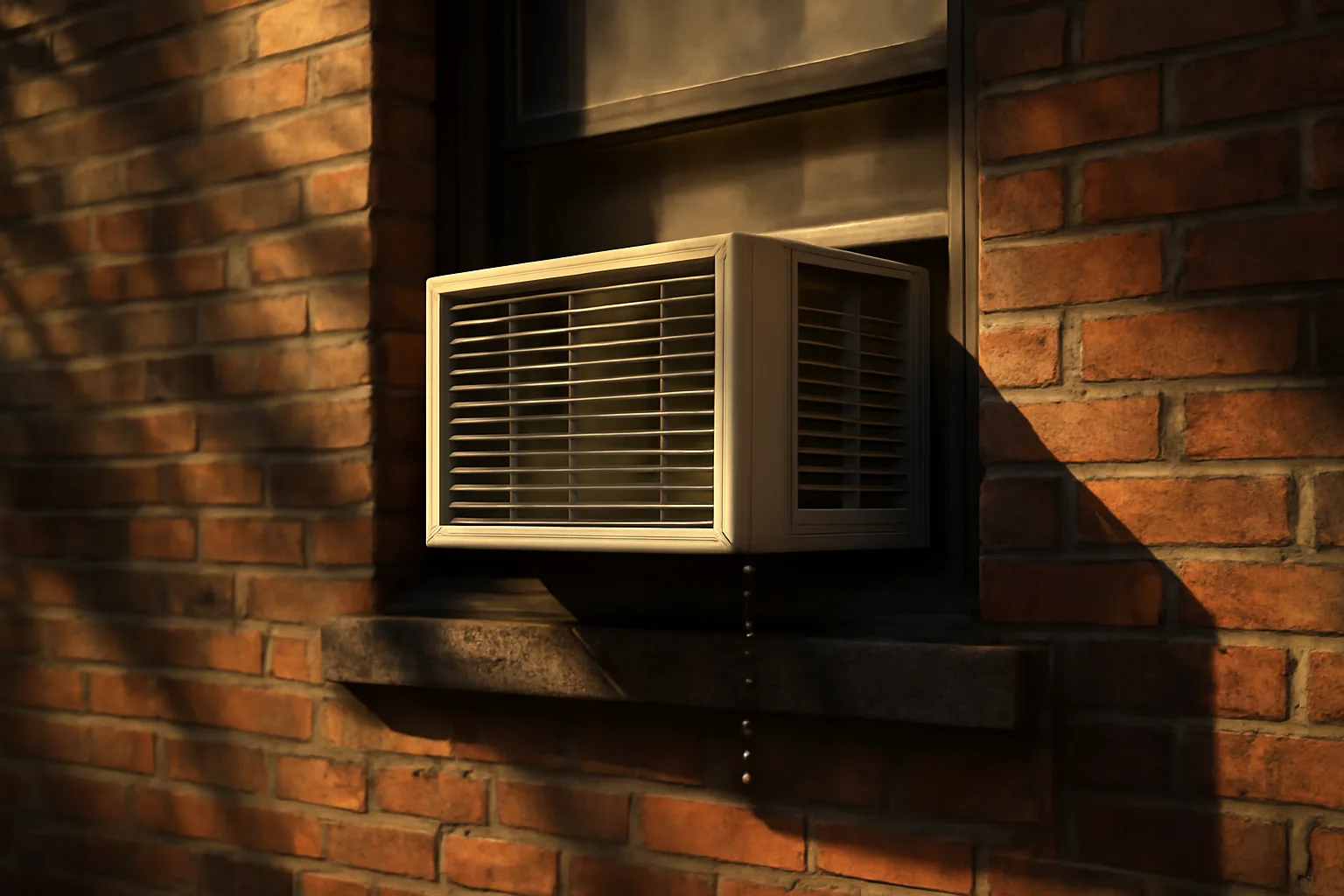 Window air conditioning unit installed in an older brick apartment building facade