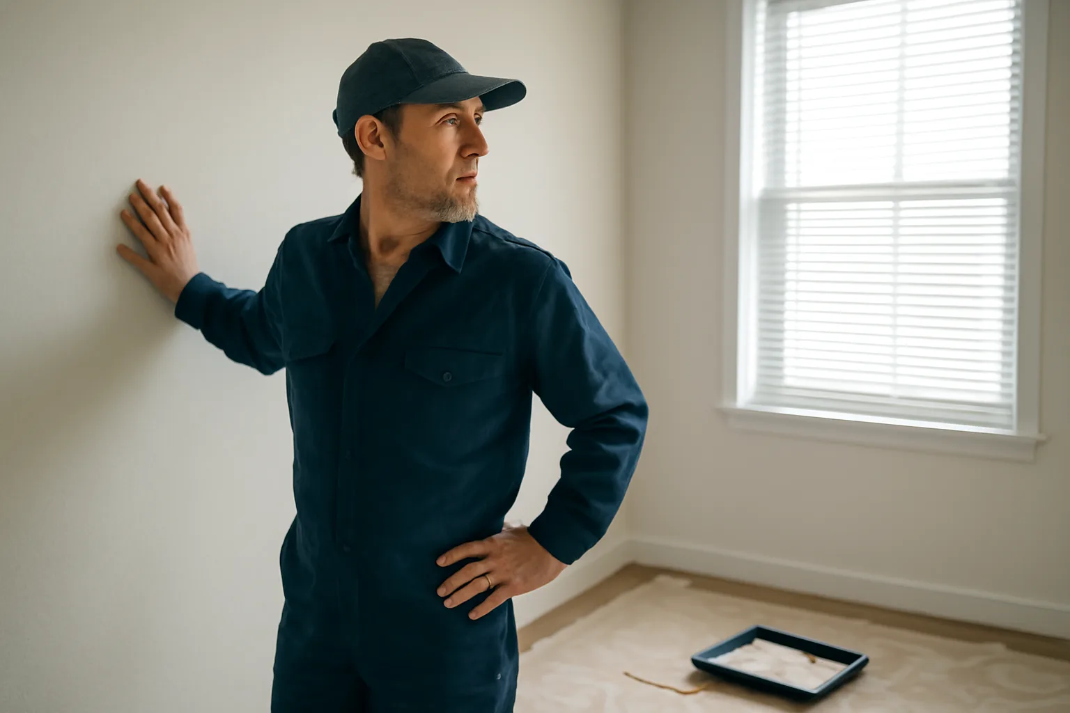 Landlord inspecting a bare apartment wall near a window before deciding whether to paint