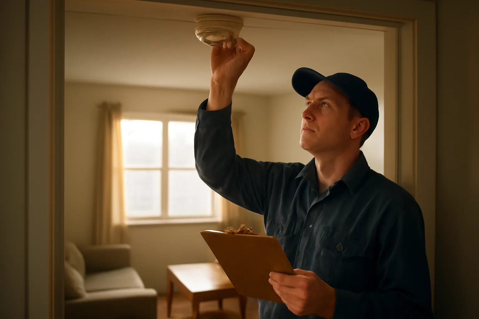 Landlord checking a smoke detector during a rental unit inspection walkthrough