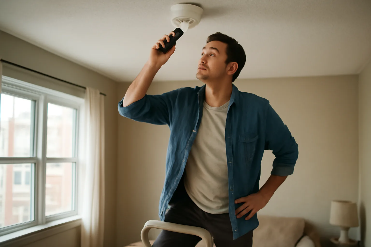 Landlord checking a smoke detector during a routine rental unit inspection