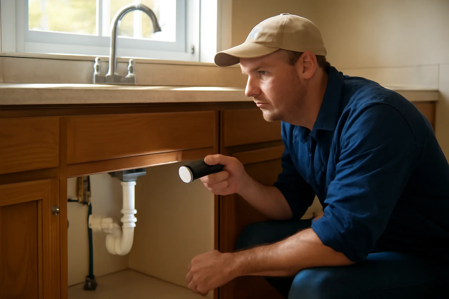 Landlord checking under a kitchen sink during a nervous apartment inspection prep walkthrough