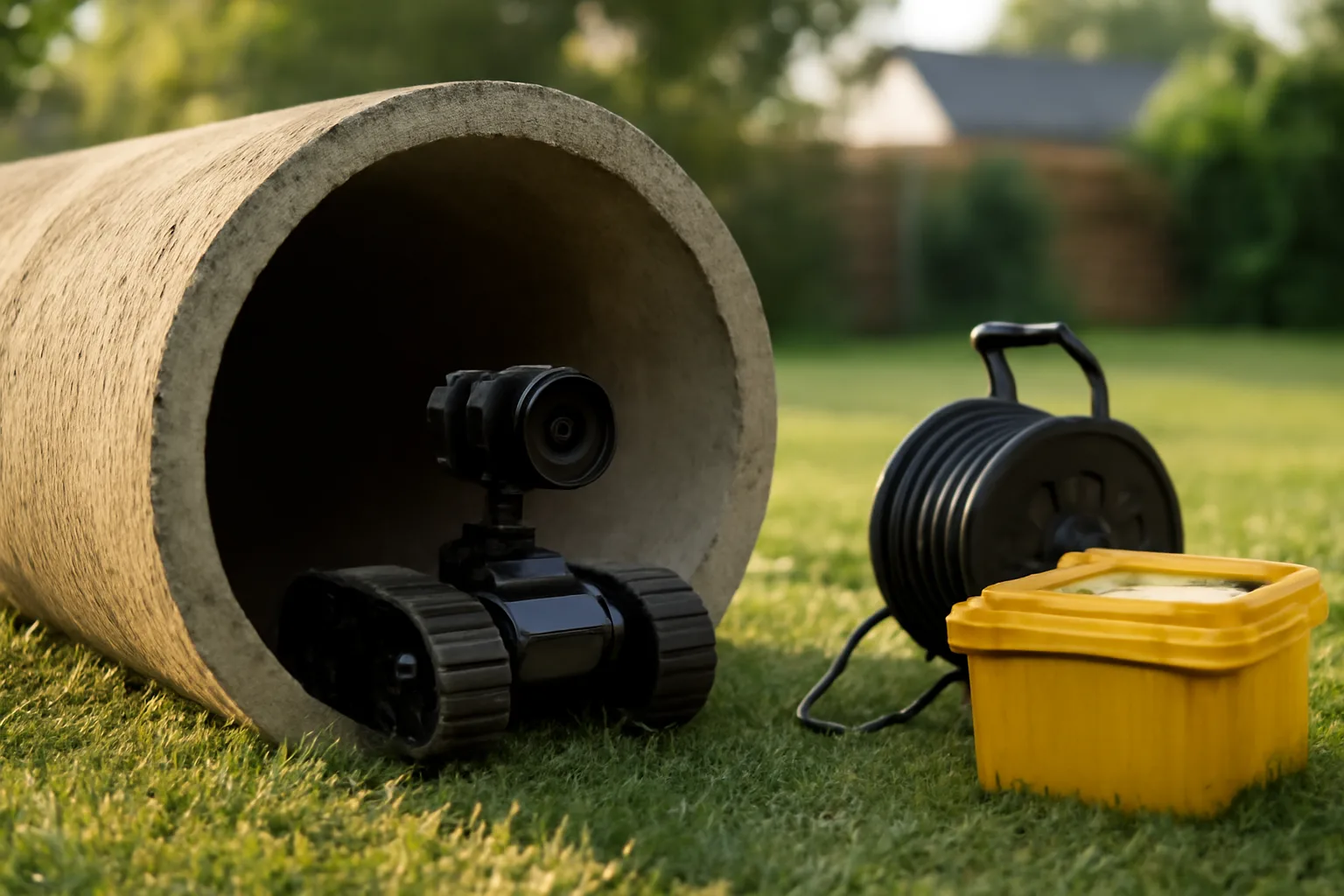 Pipe crawler camera robot positioned at a residential sewer pipe access point outdoors