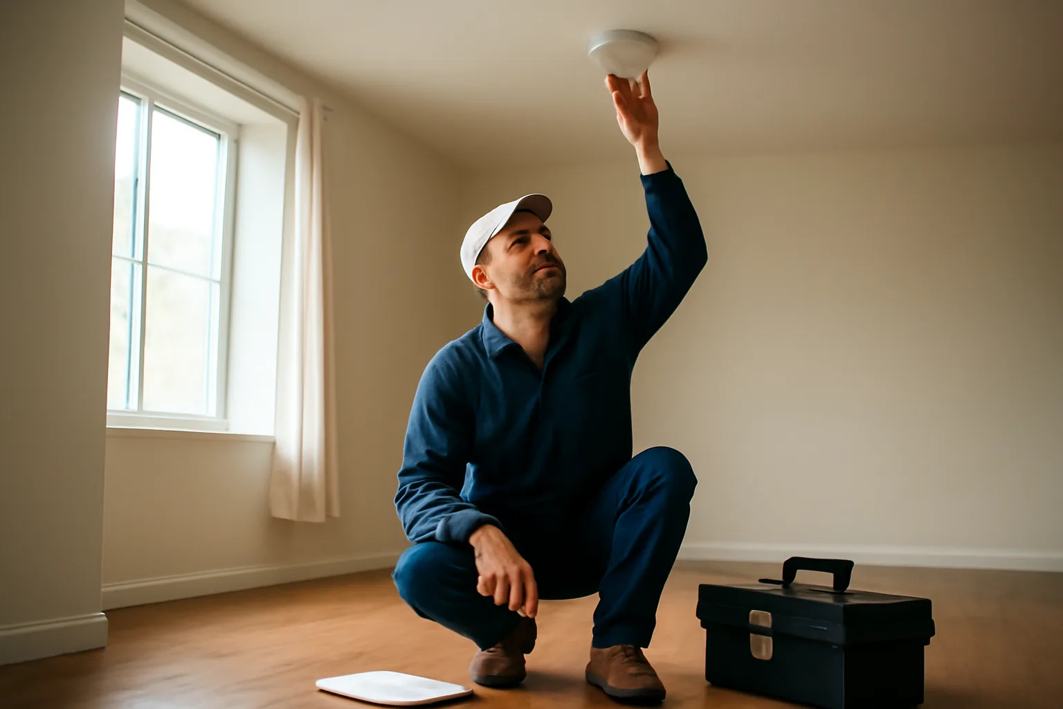 Landlord inspecting a smoke detector during a rental property inspection checklist walkthrough
