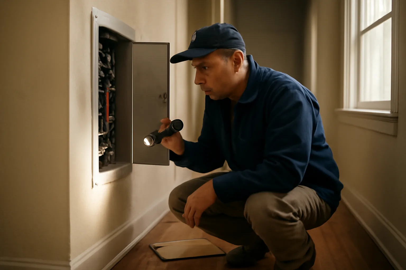 Landlord using a property inspection checklist while examining an electrical panel in a rental unit
