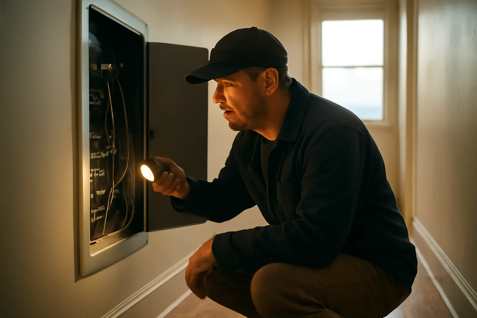 Landlord using a flashlight to inspect an electrical panel during a rental unit walkthrough