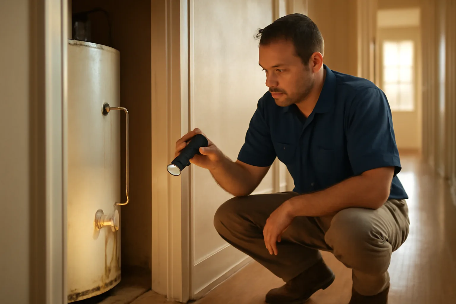 Property manager inspecting a water heater during a rental unit walk-through