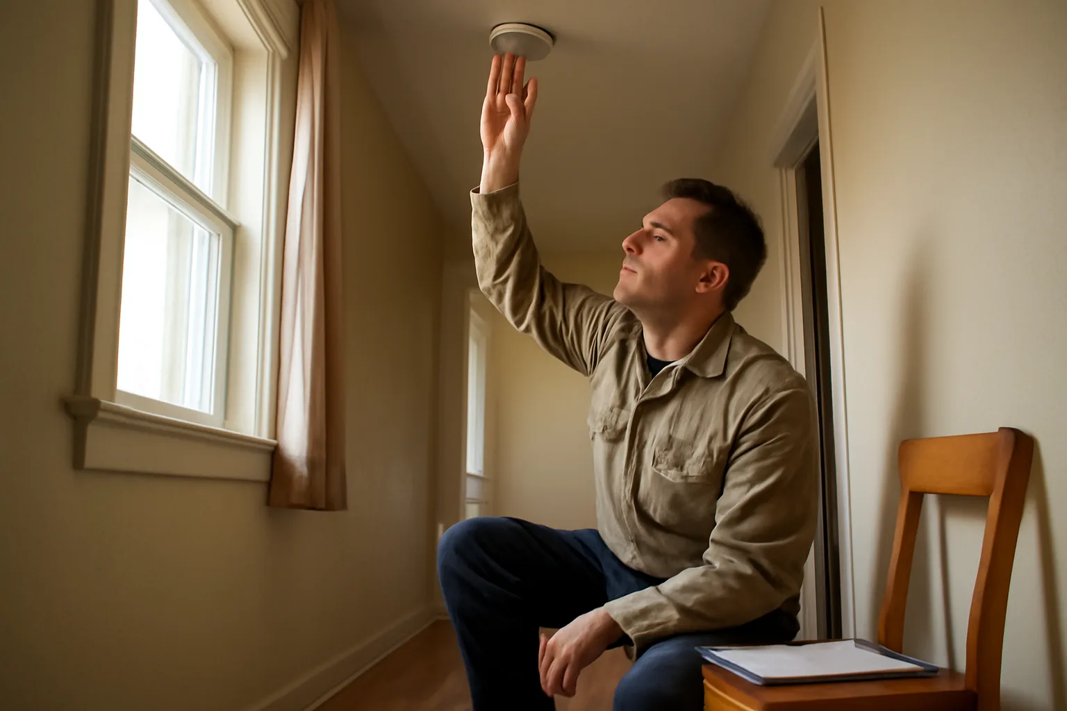 Landlord checking a smoke detector during a rental checklist inspection walkthrough