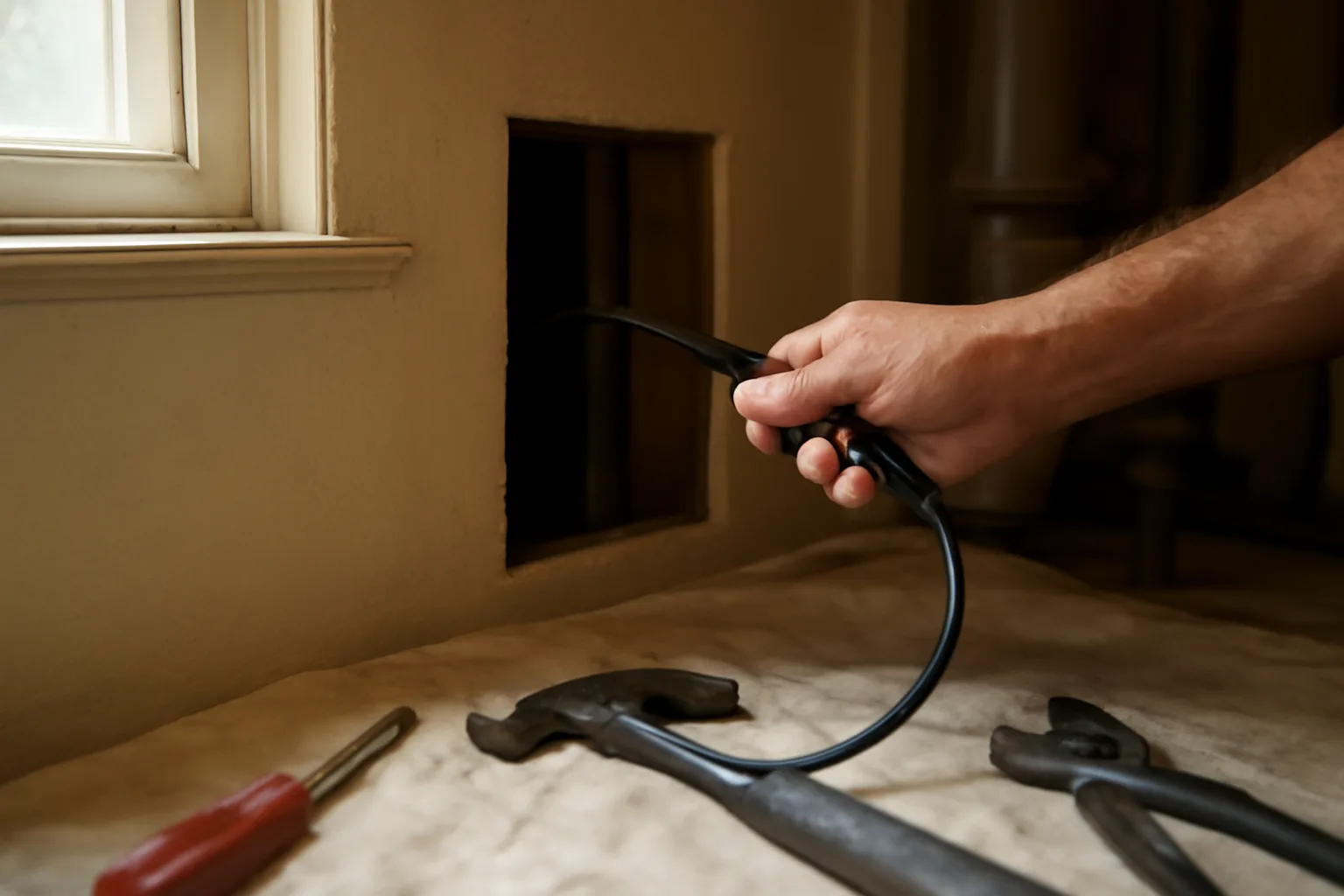 Landlord using a flexible videoscope camera to inspect inside a rental unit wall cavity