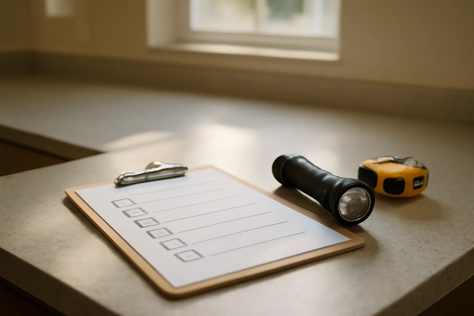 Clipboard checklist and tools on a counter during a rental unit inspection