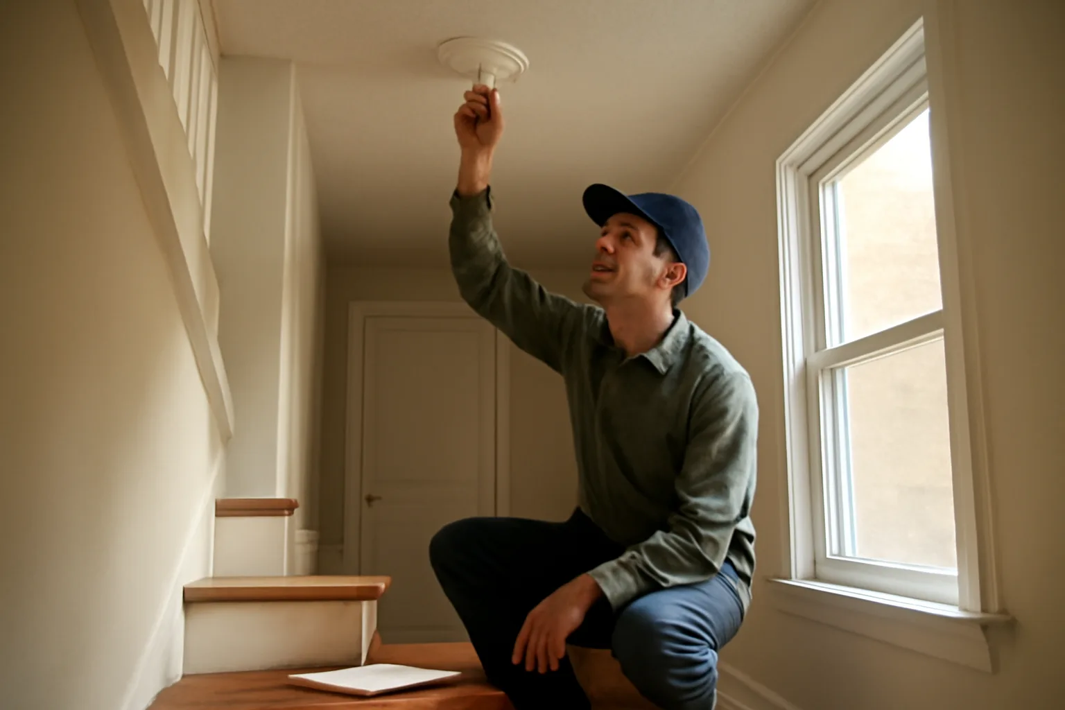 Landlord checking a smoke detector during a routine rental inspection walk-through