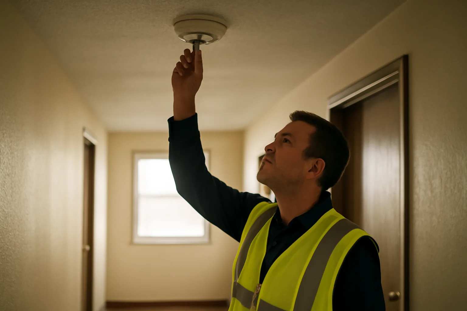 Inspector checking a smoke detector during a routine rental inspection in an apartment hallway