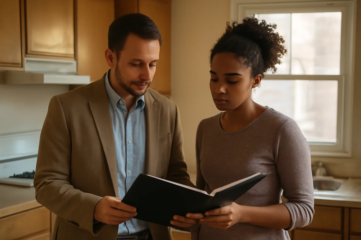 Landlord and tenant reviewing lease documents in an apartment kitchen