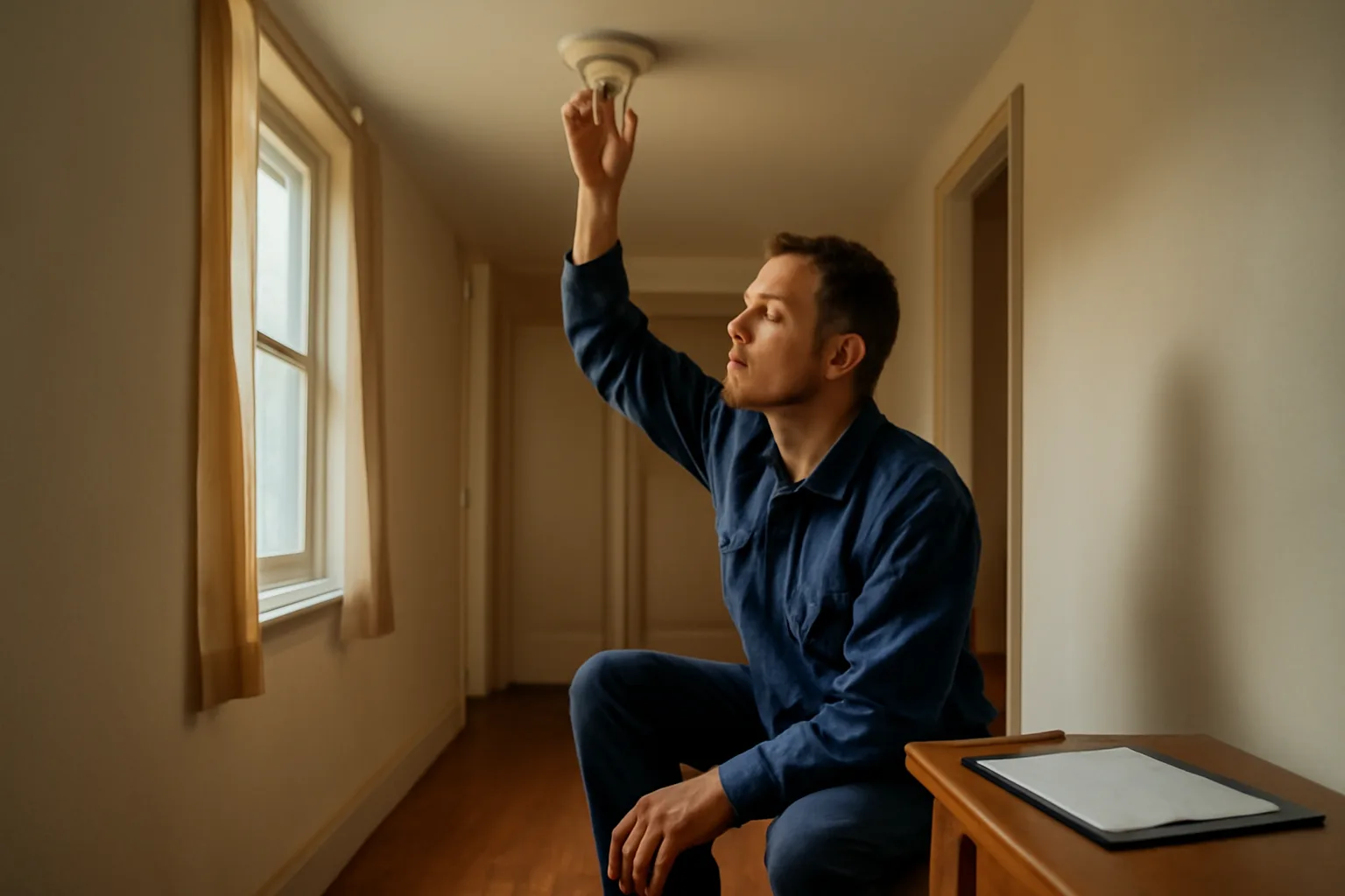 Landlord checking a smoke detector during a tenant house inspection in a rental hallway