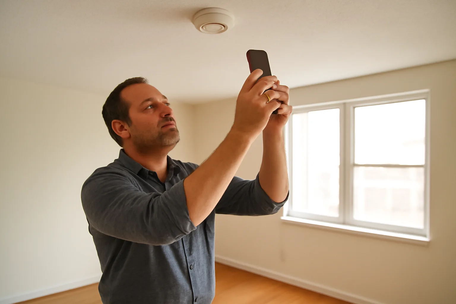 Landlord using a smartphone to photograph a smoke detector during a rental inspection