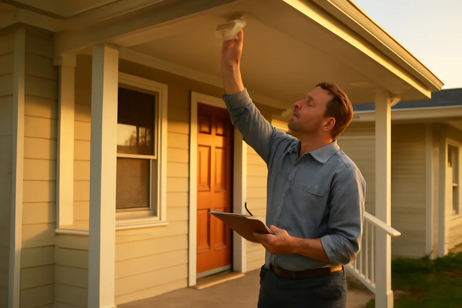Landlord checking a smoke detector during a rental property inspection walkthrough