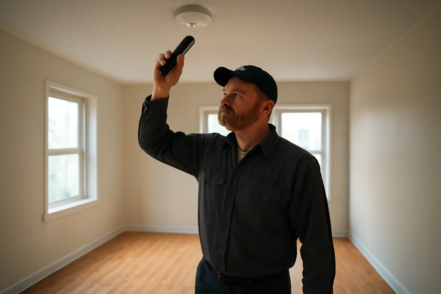 Landlord inspecting a smoke detector in an empty rental apartment unit