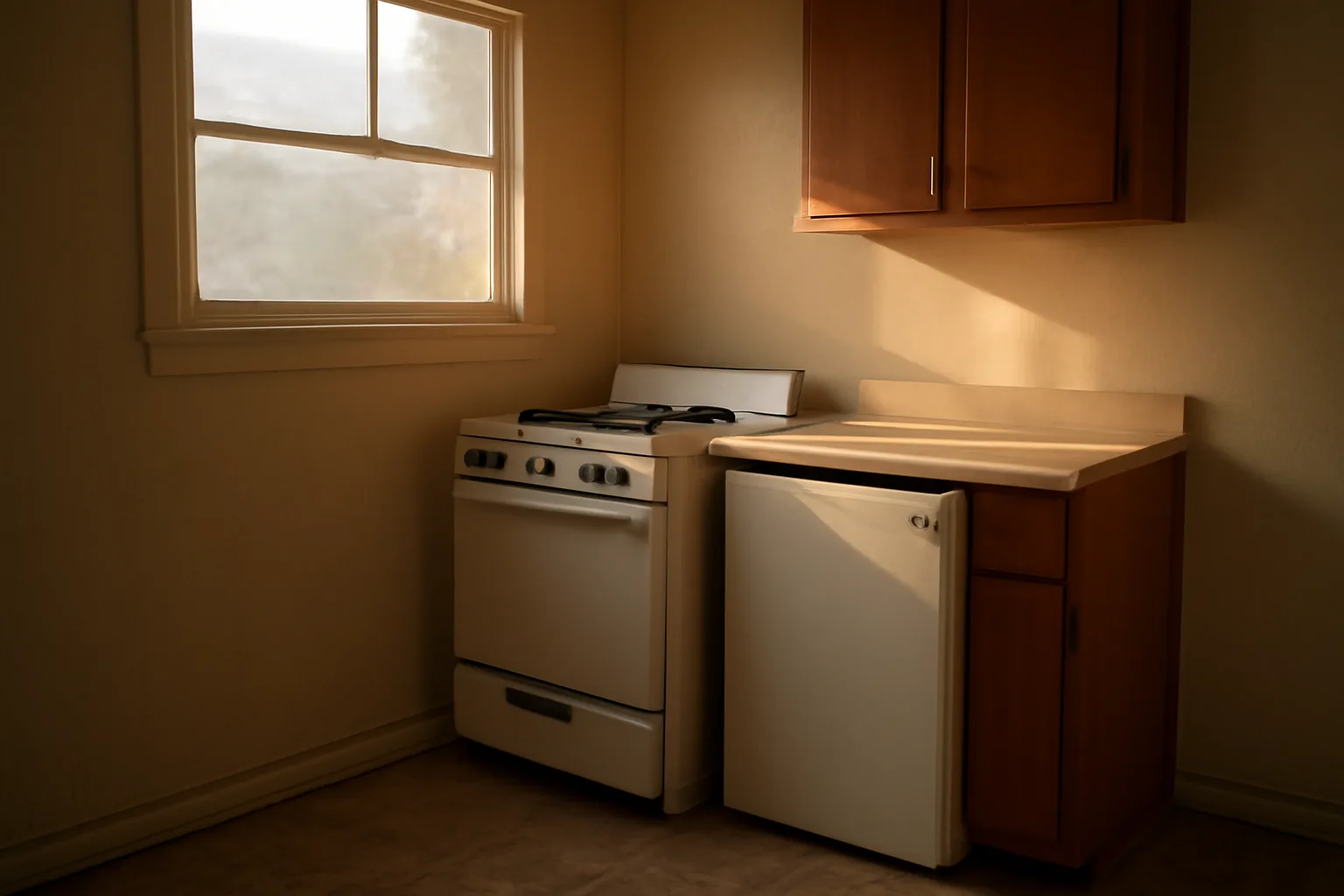 Kitchen in a California rental unit showing stove and refrigerator appliances