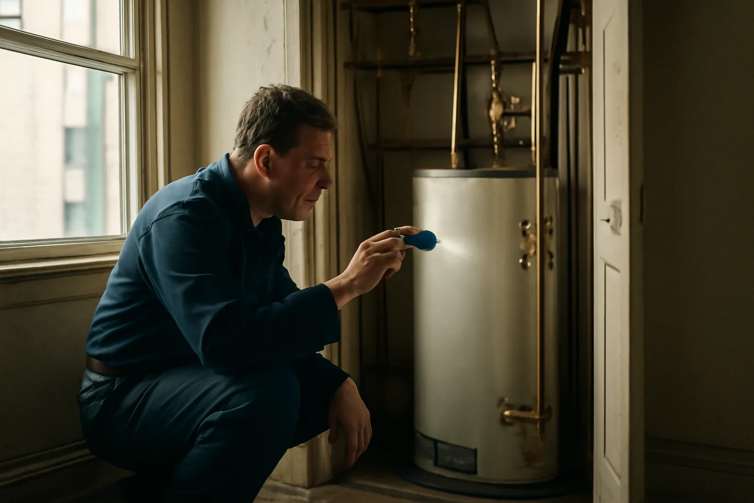Landlord inspecting plumbing and water heater in an apartment utility closet