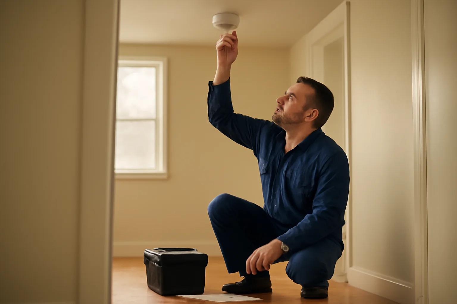 Landlord testing a smoke detector during a rental unit inspection