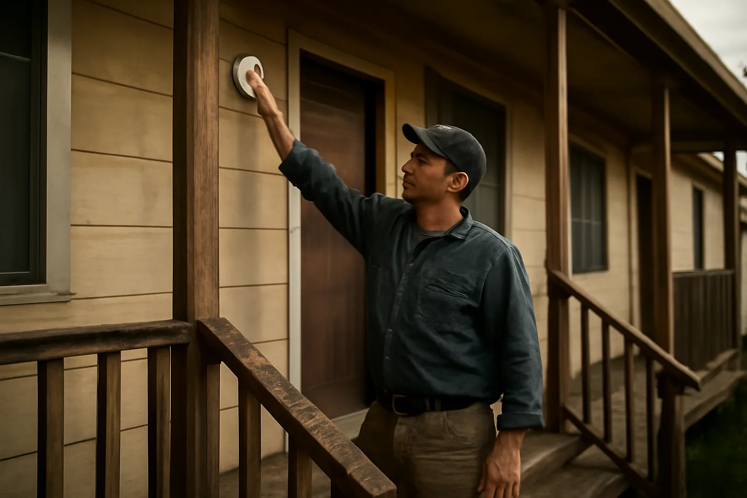 Landlord checking a smoke detector on a rental property porch in late afternoon light