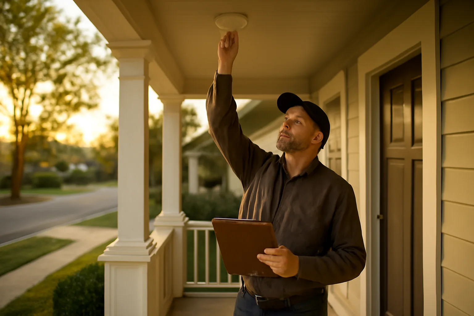 Landlord inspecting a smoke detector on a rental duplex porch at dusk
