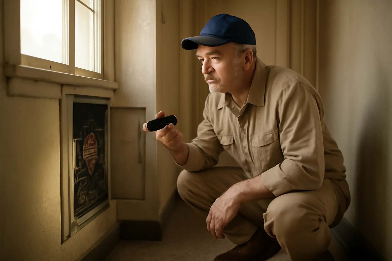 Landlord checking an electrical panel during a rental unit inspection walk-through