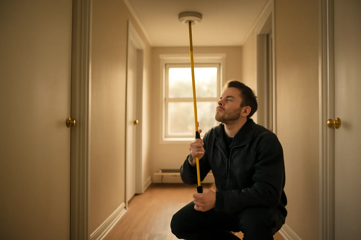 Inspector testing a smoke alarm during a rental unit inspection in an apartment hallway