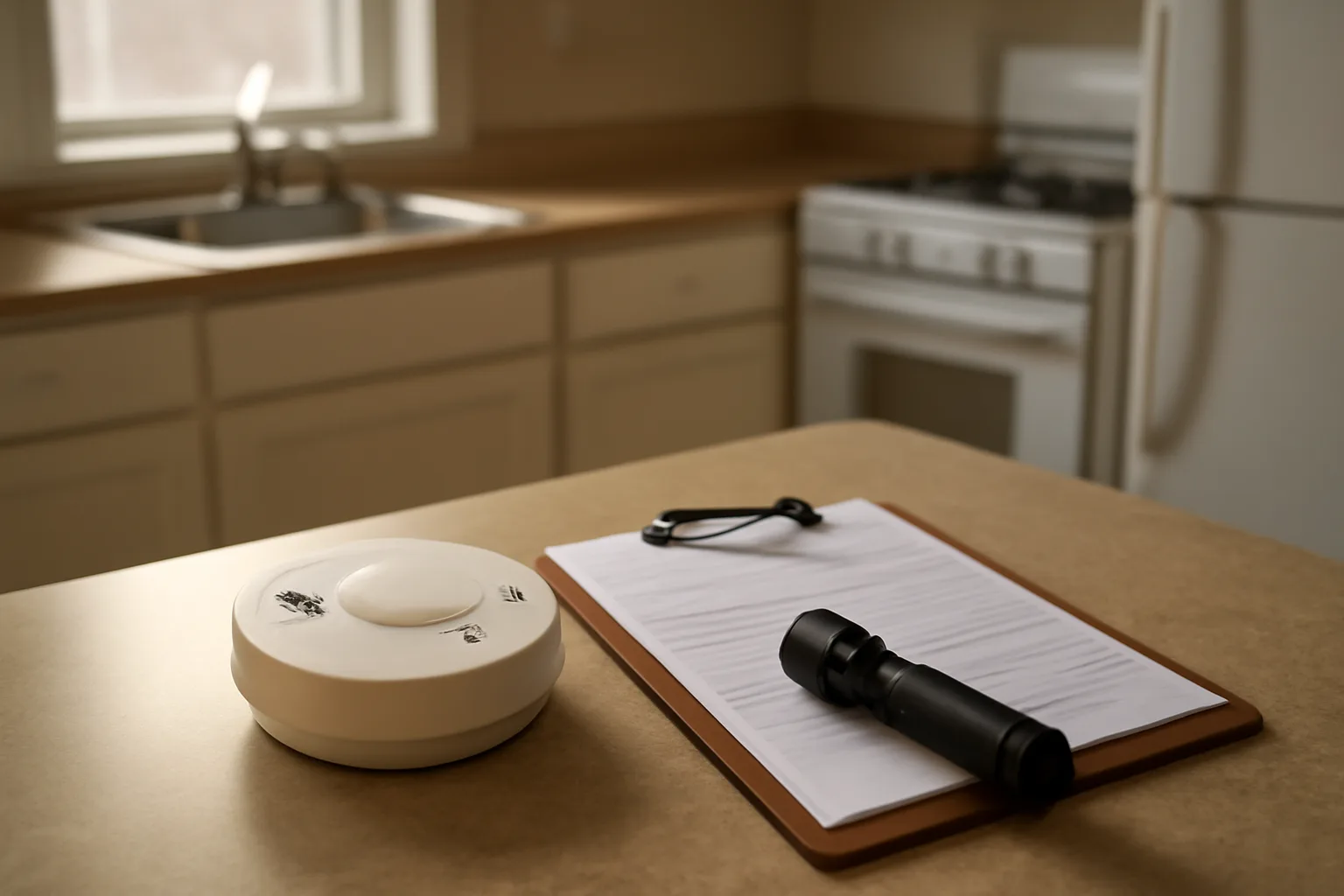 Flashlight and smoke detector on a kitchen counter during a rental inspection