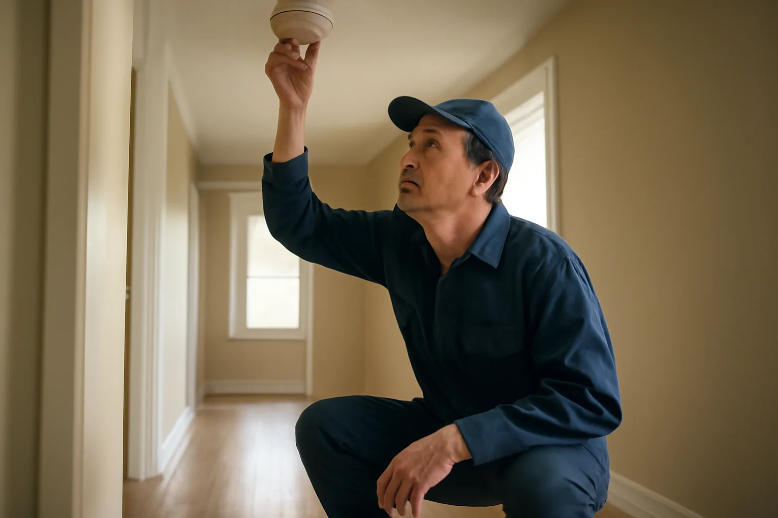 Housing inspector checking a smoke detector during a rental house inspection