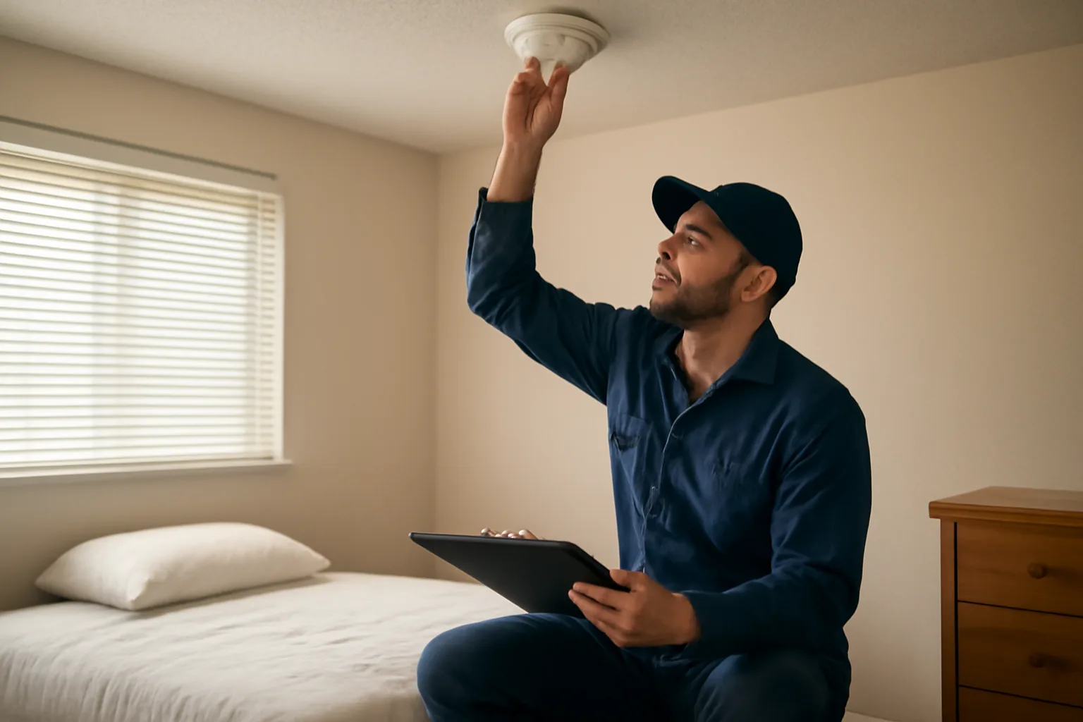 Inspector testing a smoke detector during a rental inspection in a bedroom