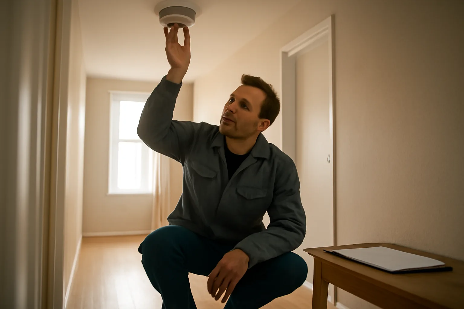Inspector checking a smoke detector during a city rental inspection in an apartment hallway