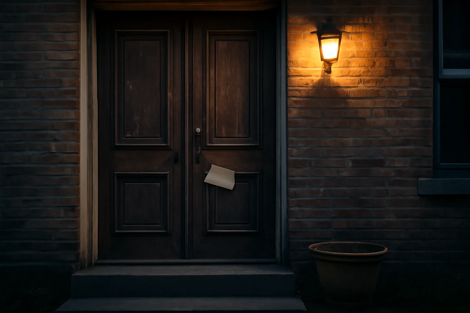Front porch of a small rental duplex with a notice in the door