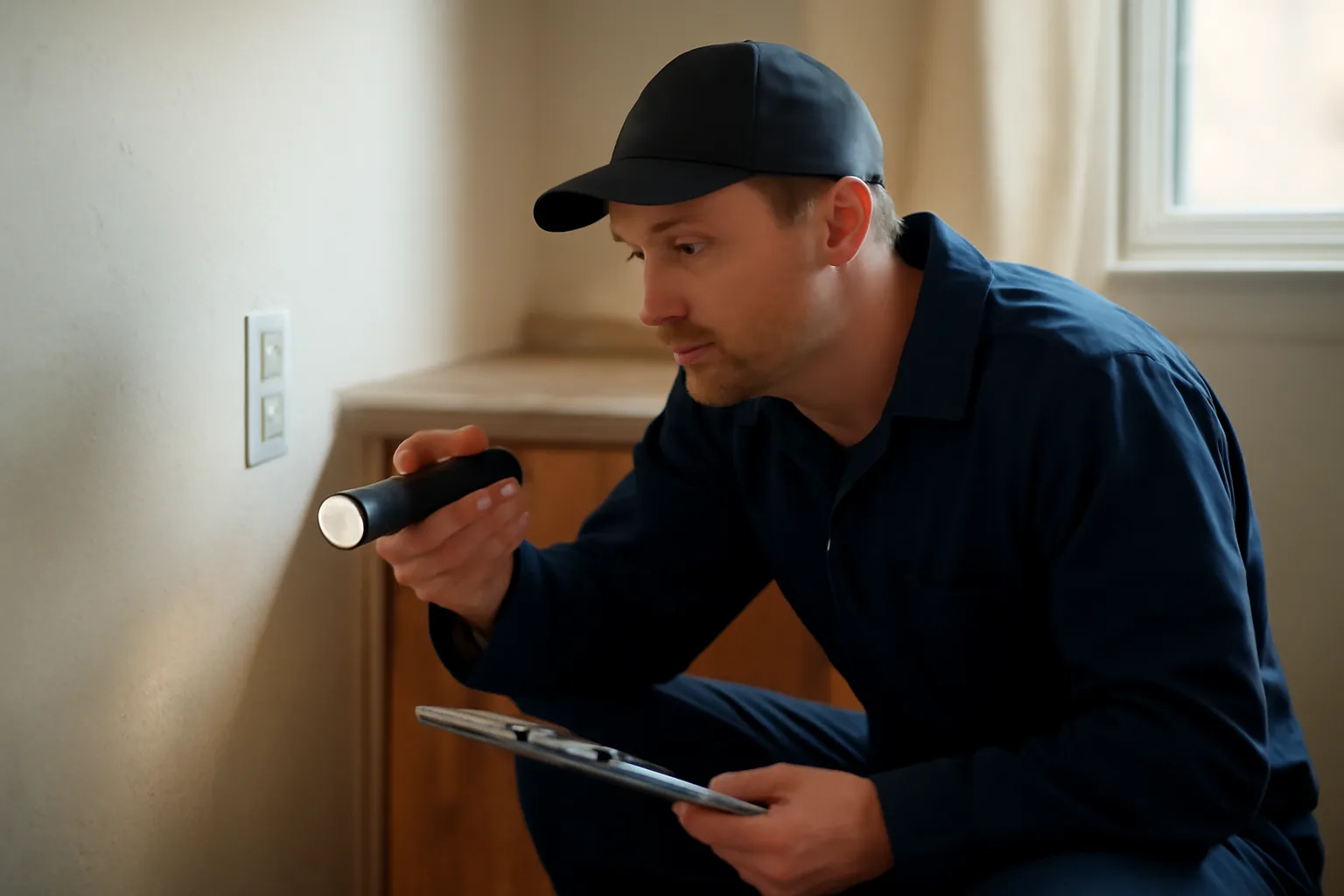 Inspector checking an electrical outlet during a rental property inspection in a kitchen
