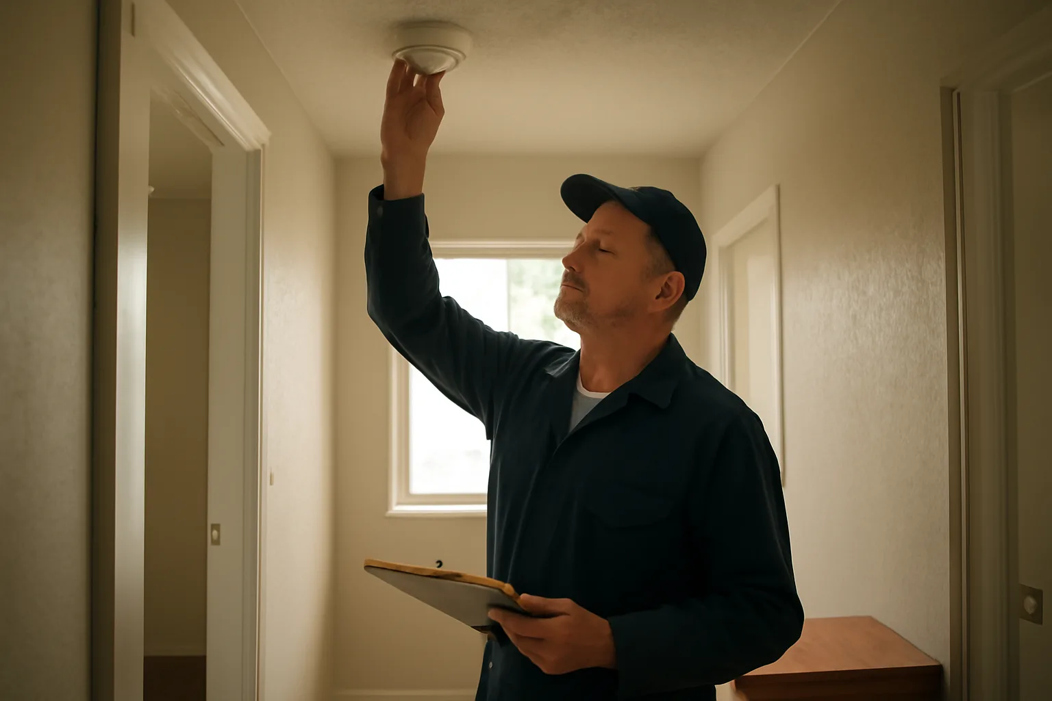 Landlord checking a smoke detector during a rental license inspection walkthrough