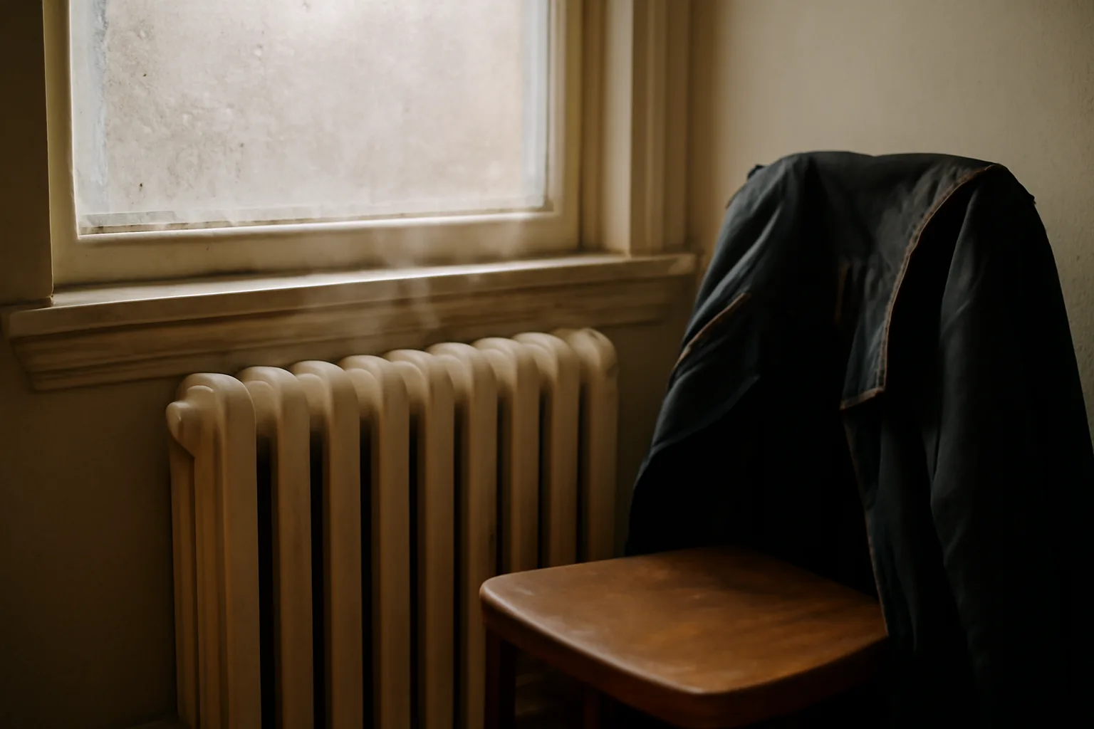 Steam radiator by a frosted window showing landlord heat requirements in winter
