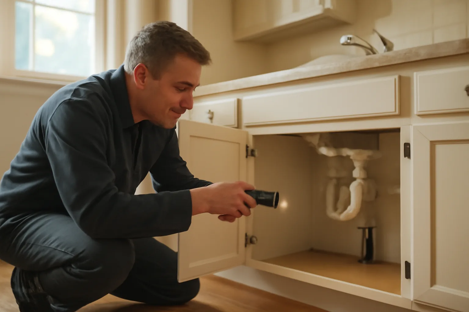 Landlord using a flashlight to check under-sink plumbing during a rental inspection