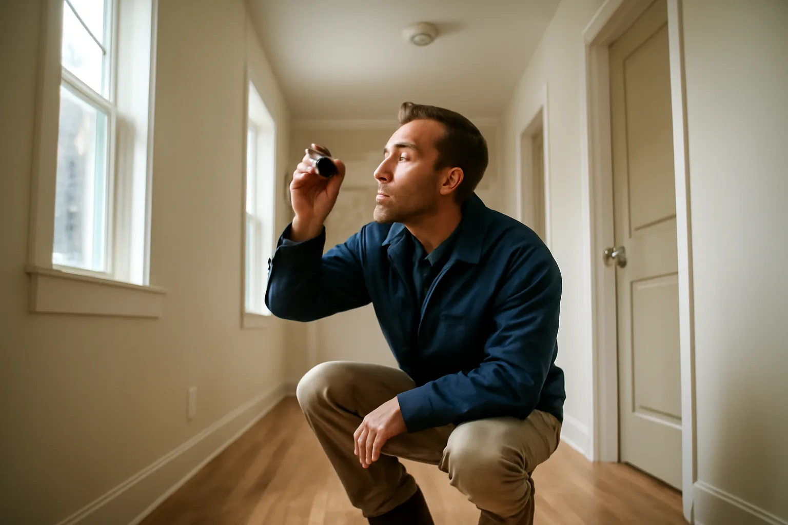 Inspector checking a smoke detector during a rental housing safety inspection